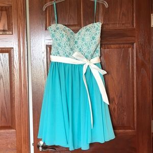 Mori Lee Turquoise & Ivory Lace Bridesmaid Dress